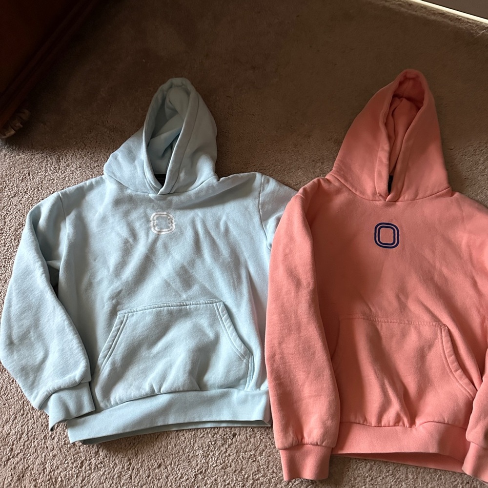 Light Blue and Coral Cozy Pullover Hoodies - Embroidered Logo Detail